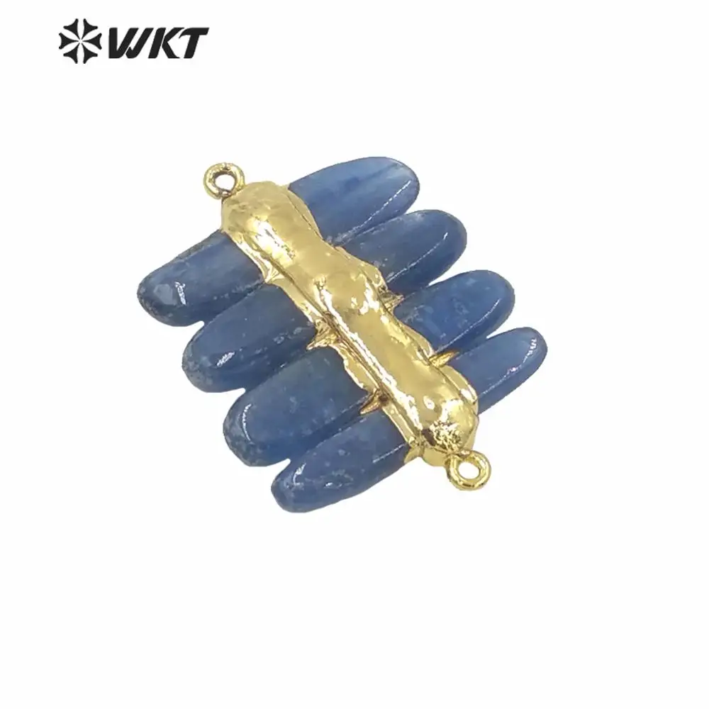 

WT-P1566 Wholesale Natural High Quality Deep Blue Kyanite Pendants Fashion Gold Electroplated Double Loops Stone Decoration