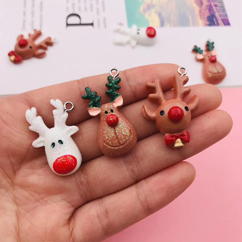 10pcs Hot Selling Resin Kawaii Christmas Reindeer Charm for Keychain, Earring, Scrapbooking, DIY Making, Necklace