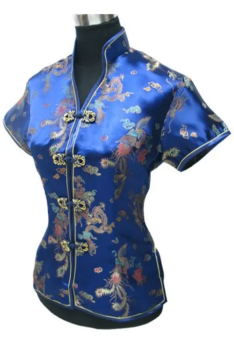 Promotion Blue Chinese Style Women Summer Blouse V-Neck Shirt Tops Silk Satin Tang Suit Top S M L XL XXL XXXL JY0044-4