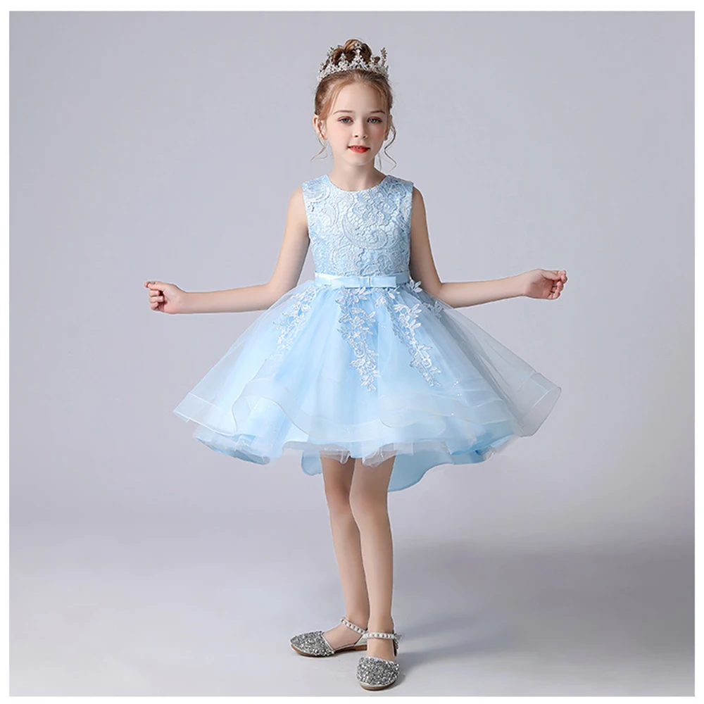 

High Quality Romance Dovetail Flower Fancy Girls Wedding Lace Dress Tailing Embroidery Birthday Prom Party Dress Kids Clothes