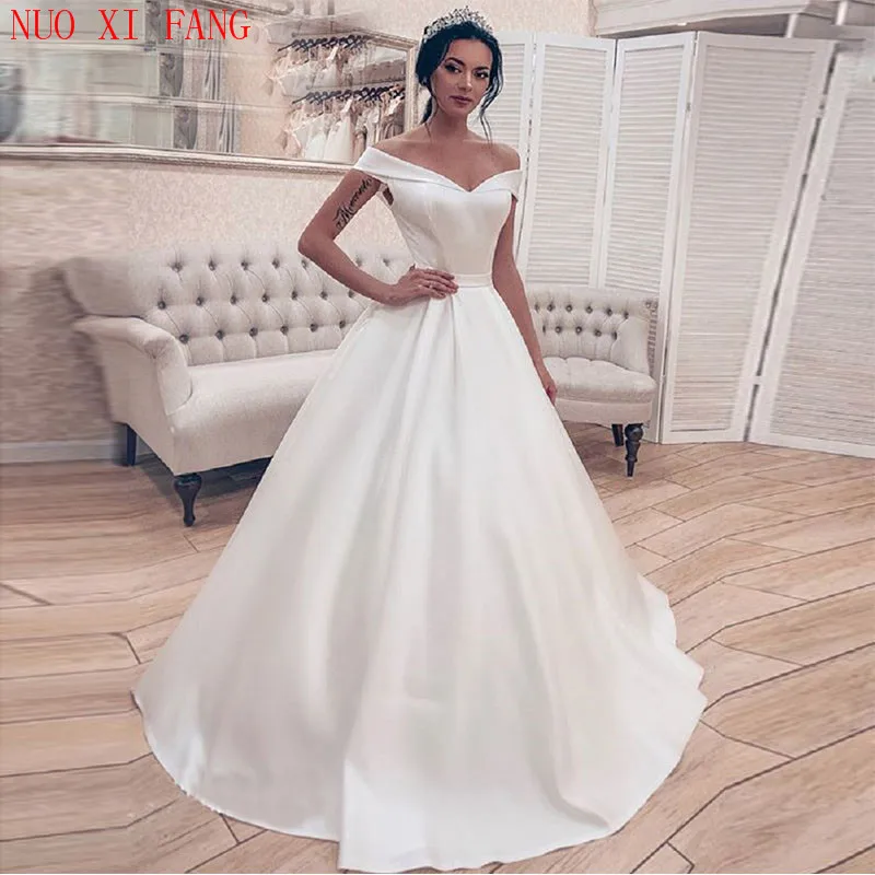 Elegant Wit Ivoor Eenvoudige Satijnen Trouwjurk Prinses Een Line Corset Off Shoulder Bruidsjurk Lange Vestidos De Novia 2022