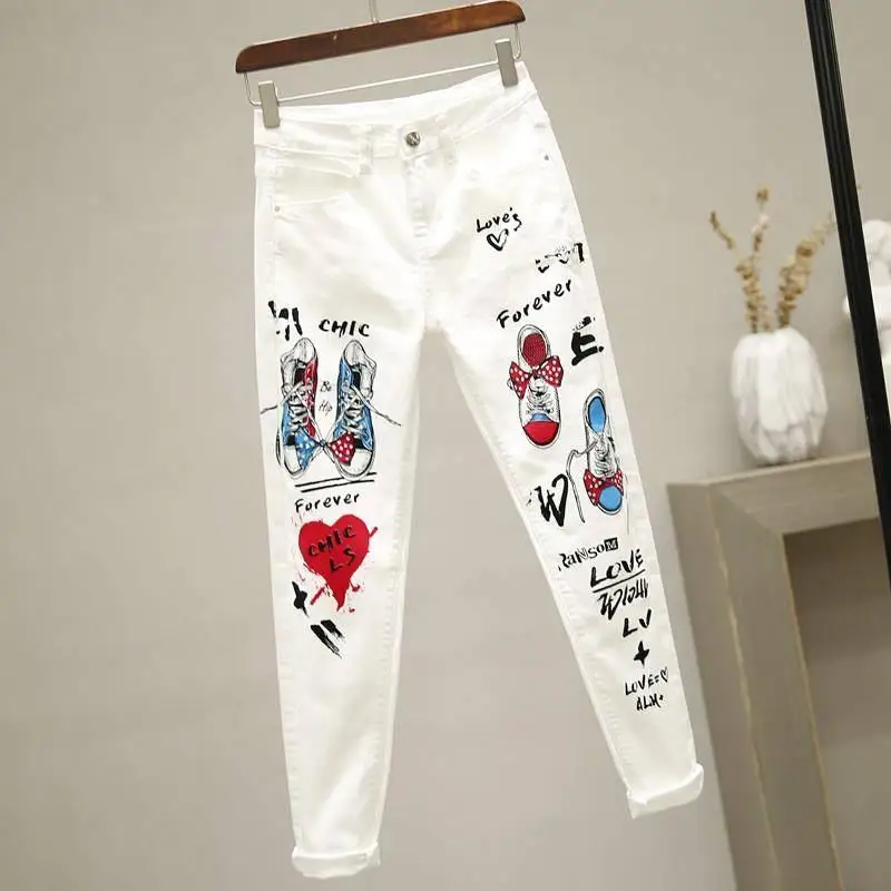 Women White Skinny Denim Pants Cartoon Graffiti Print Stretched Jeans Autumn Slim Body Pencil Jeans Ladies Jeans Y77