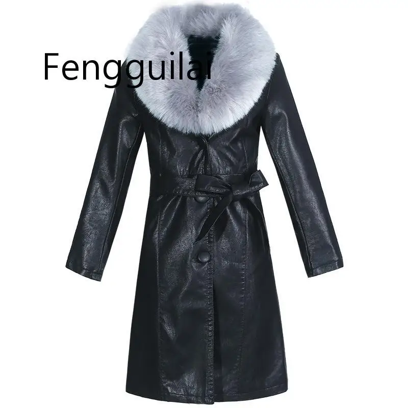 2020 New Winter Faux Leather Coats Thick Women Fashion Slim PU Jackets Women Black Elegant Tie Belt Waist Pockets Buttons Coats