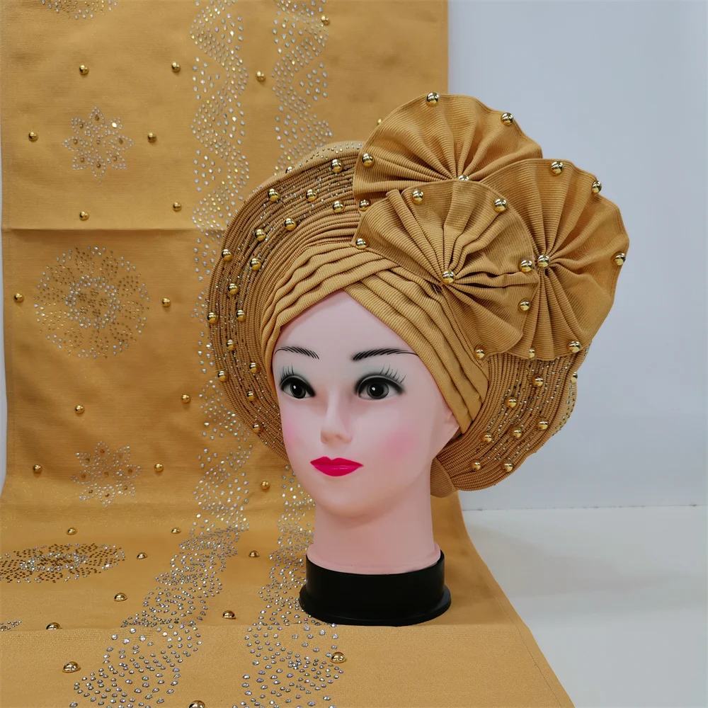 African Headtie Scarf With Shawl Beaded Stone Lace For Party Nigerian Gele Head Wrap Women Hat Already Tied 2pcs