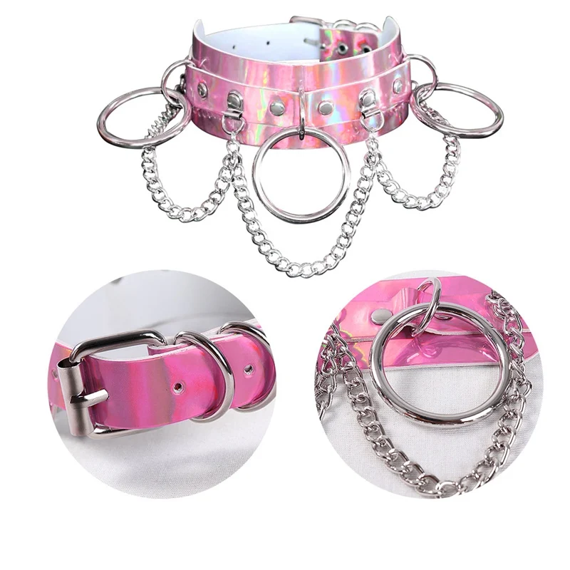 Ceinture en chaîne métallique pour femme, collier en cuir, col rose, gothique, Punk, vêtement de fête, de danse, de Rave, mode ajustable