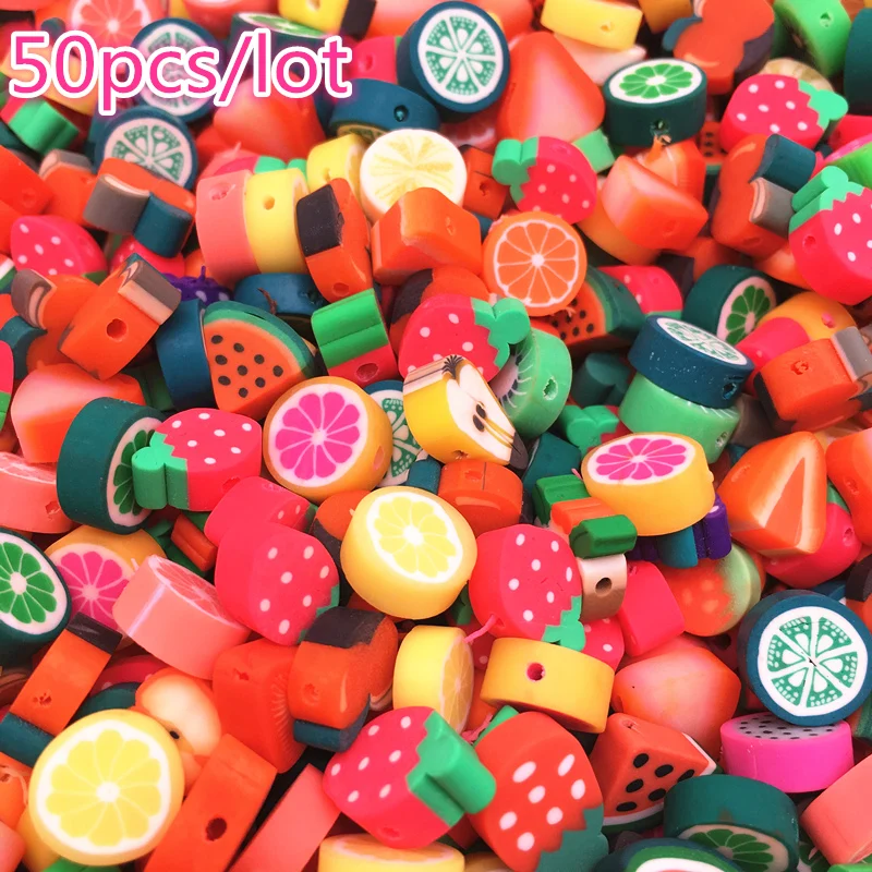 50pcs 10mm Mixed Color Fruit Beads Polymer Clay Beads Polymer Clay Spacer Loose Beads For Necklace DIY Bracelet Accessories