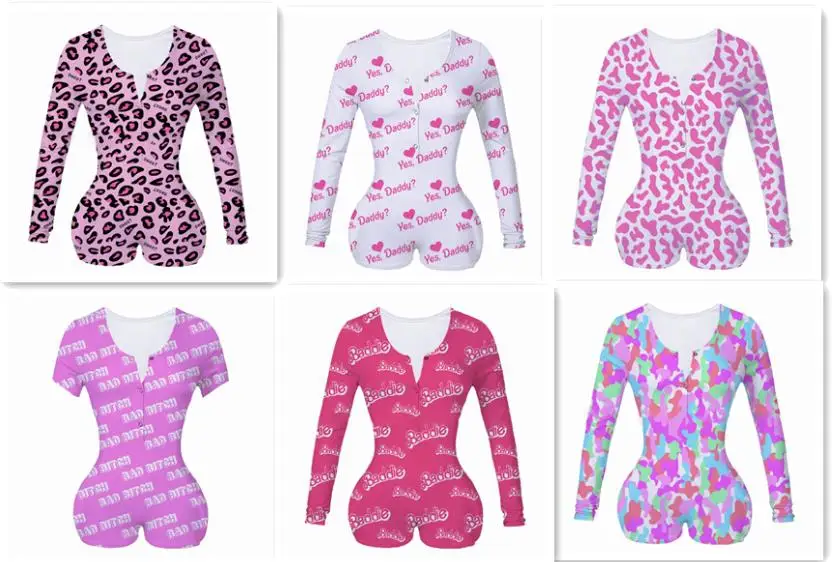 Sexy Women Print Elegant Sleepwear Pajamas Nightwear Pajama Long Sleeve Shorts Leotard Home Wear Tracksuit Buttons Bodysuit