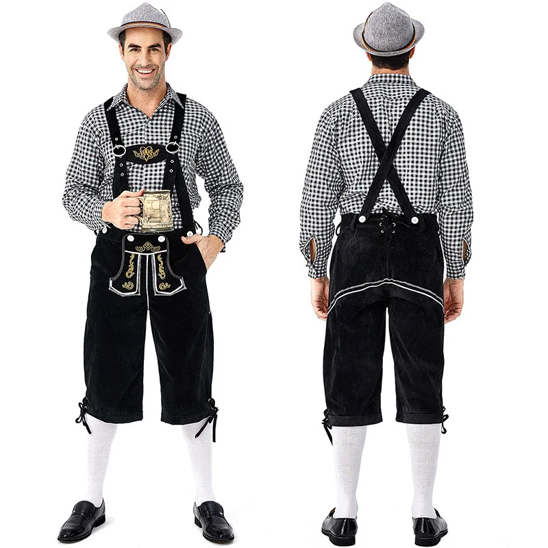 O homem oktoberfest traje tradicional bávaro desfile conjunto de festa vermelho preto xadrez camisa calças bordadas calças terno do dia das bruxas