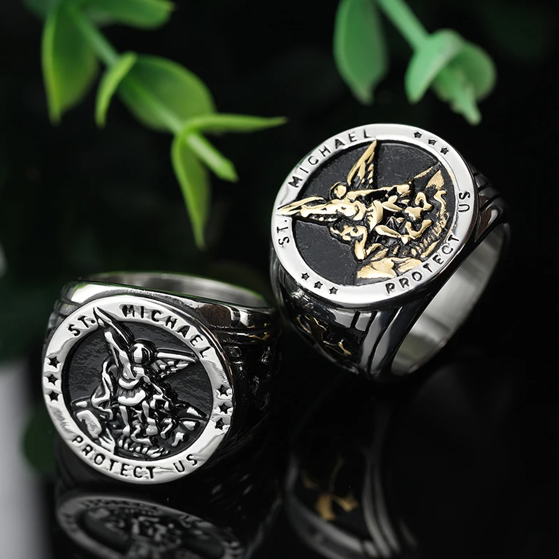 316L Stainless Steel St-Michael Men Rings Good Talisman Religious Aesthetic Biker Ring for Men Boy Fashion Jewelry Anel