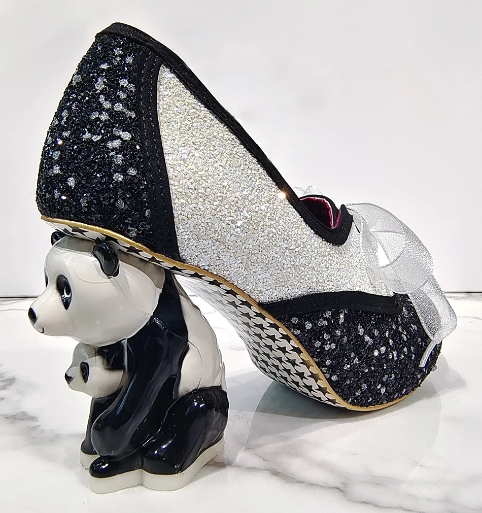 Cute 3D Panda Heels Patchwork Bling Pumps Mary Janes Shinner Mixed color Sequins Animal Strange Heel Ribbons Up Wedding Shoes