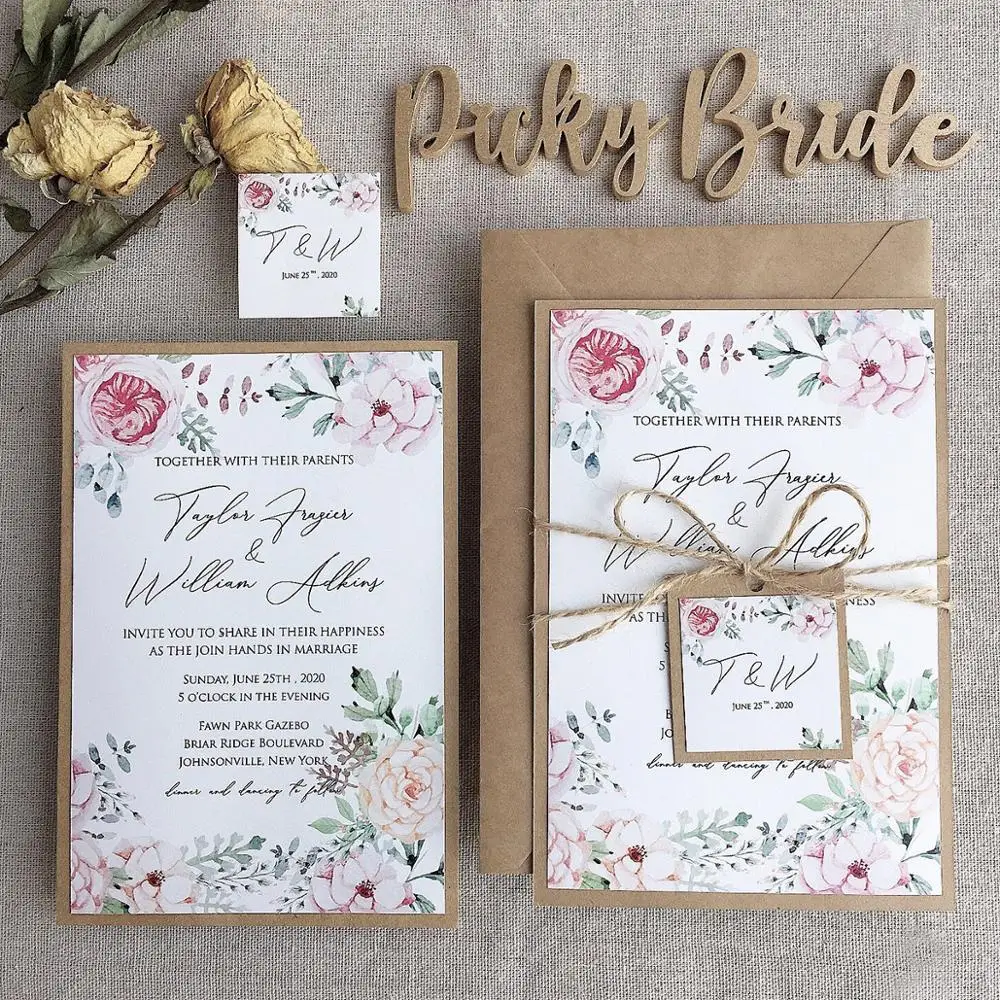 50 pcs Wedding Invitations Rustic, Kraft Paper & Flowers Invite Cards, Spring Wedding Theme