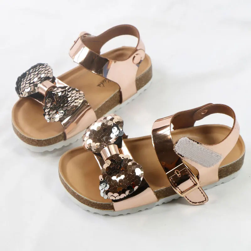 Sandalias con corchos para niños y niñas, zapatos transpirables con lazo y purpurina, a la moda, para verano, 2023