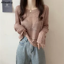 Sweaters Women Knitted Hollow Out Summer Thin Fashion Loose Long Sleeve New Casual See Through Sexy Pullovers All-match Simple