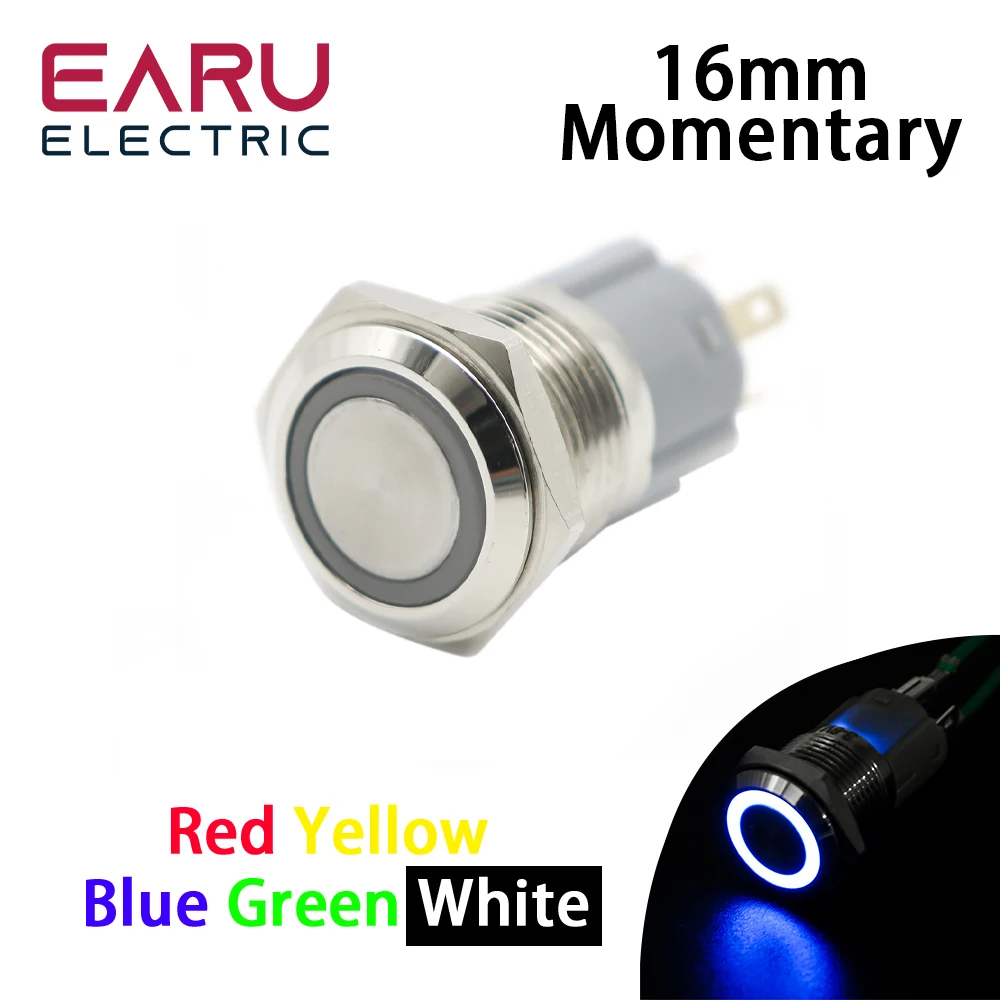 16mm Metal Push Button Switch Waterproof LED Light Momentary Self-reset Car Engine PC Power 5V 12V 24V 220V Red Blue Green White