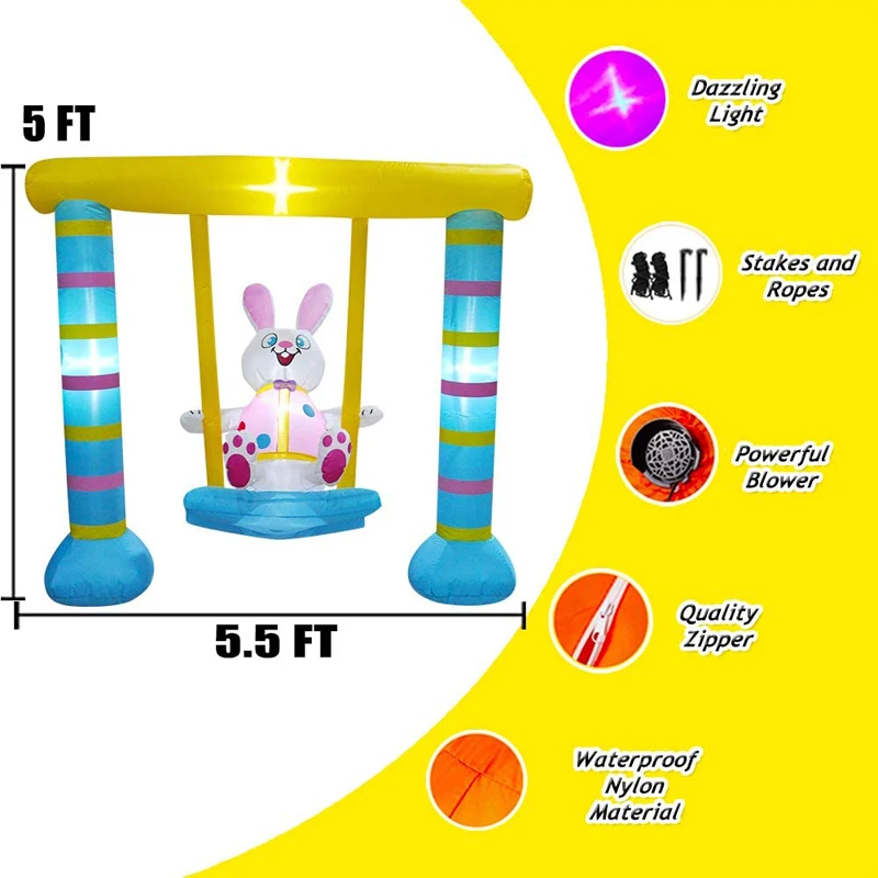 Inflável Easter Bunny Swing Decorações, brinquedos iluminados LED, casa, decoração de festa, quintal, jardim, gramado, dentro de casa, 6 pés