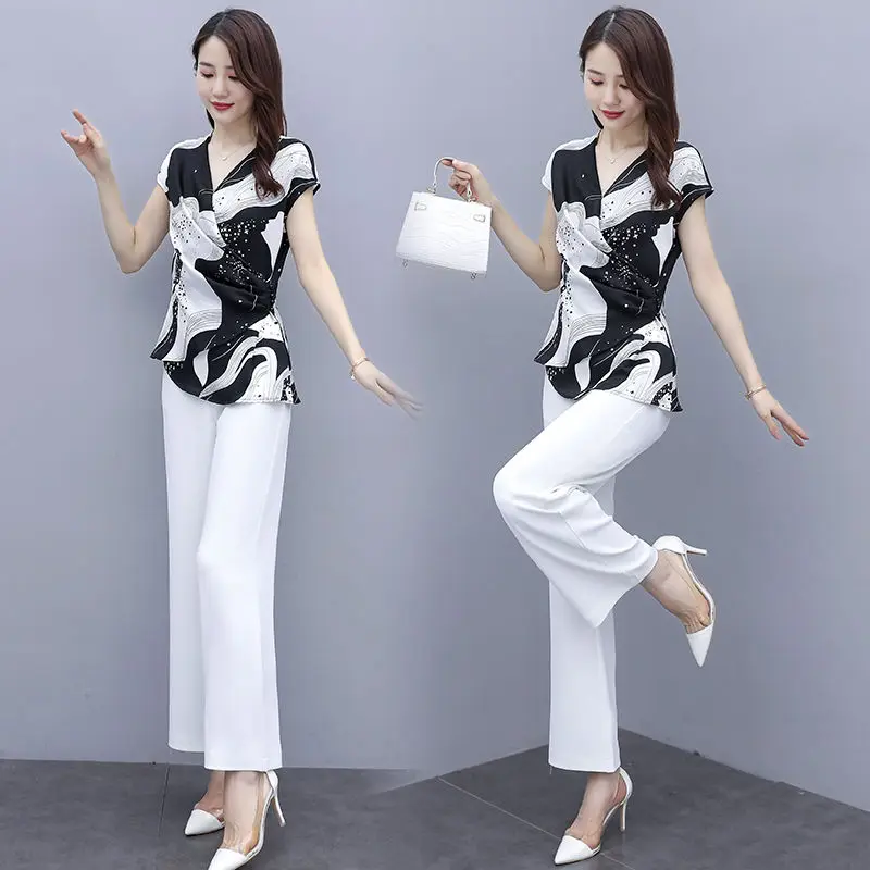 Pants Suits Female For Summer 2024 New Woman Set Pantsuits Elegant Chiffon Asymmetrical Tops & Wide Leg Trousers 2 Piece Clothes