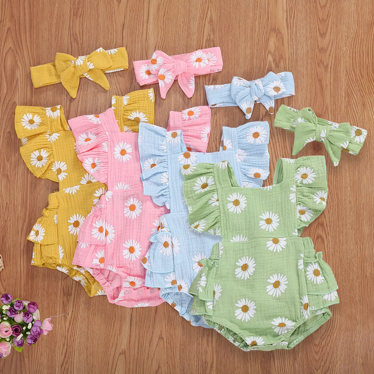 Cute Newborn Baby Girls Daisy Romper Ruffles Fly Sleeve Print Jumpsuit Summer Clothing for 0-24Months