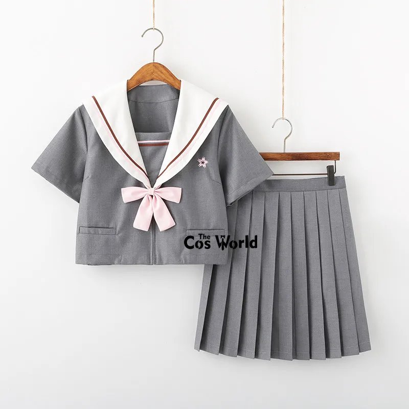 [Mount Sakura] Gray Summer Navy Sailor Suit Tops Skirts JK High School Uniform Class Uniform Students Cloth