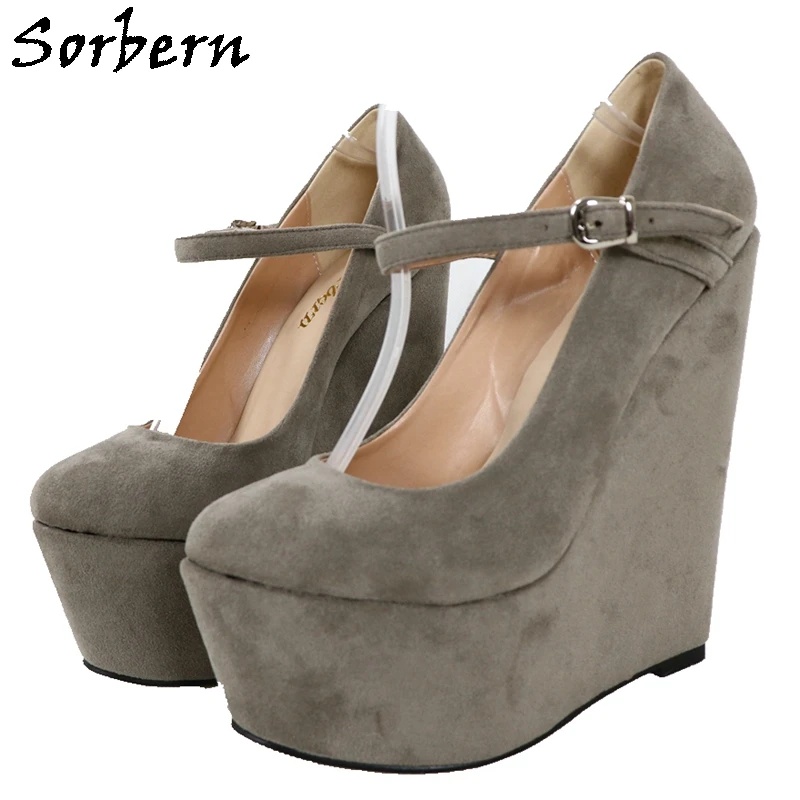 Sorbern Grey Mary Janes Women Pumps Wedges Platform Shoes Narrow Sole Super High Heels Dress Shoes Round Toes Custom Colors