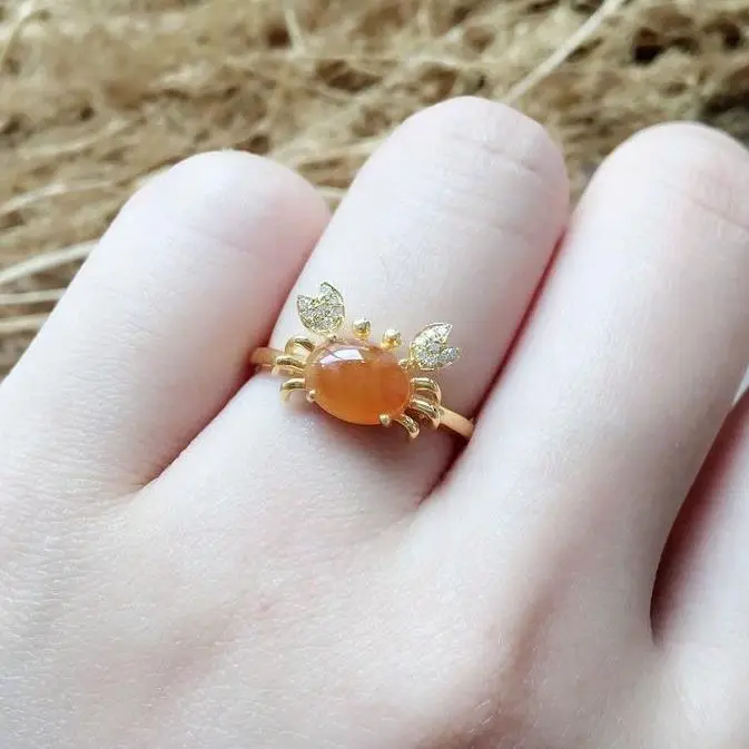 

Original new silver inlaid natural high ice chalcedony oval small crab opening adjustable ring simple fashion ladies jewelry