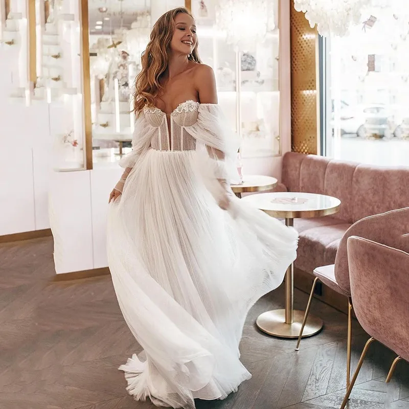 Sexy Open Schouder Lange Bladerdeeg Mouw Trouwjurk Vintage Bridal Jurken 2021 Kralen Een Lijn Goedkope Strand Bruidsjurken Vestidos