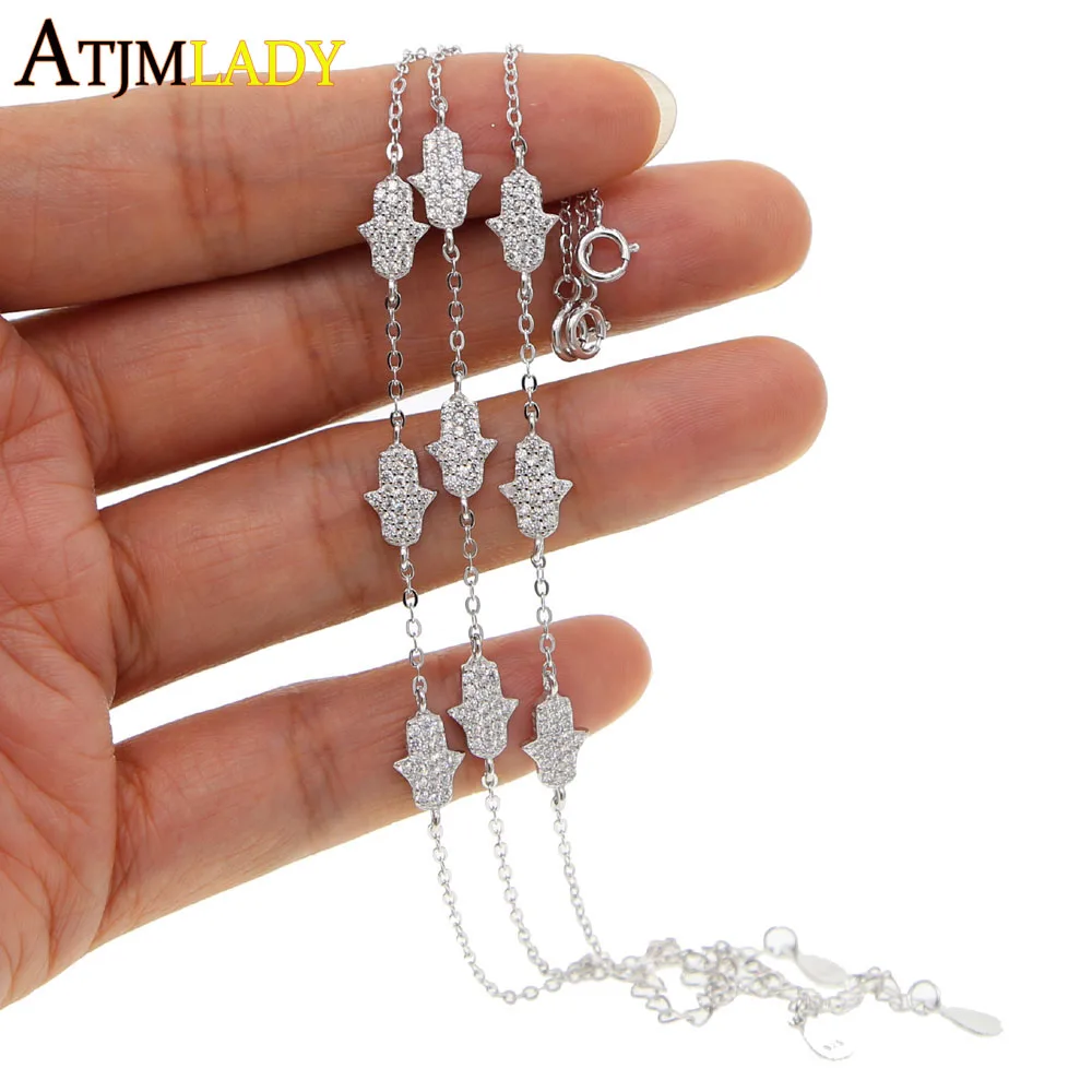 High Quality 100% 925 Sterling Silver Fatima Hand Hamsa Charm Hand Link Chain Bracelet For Women Femme Wedding Party Jewelry