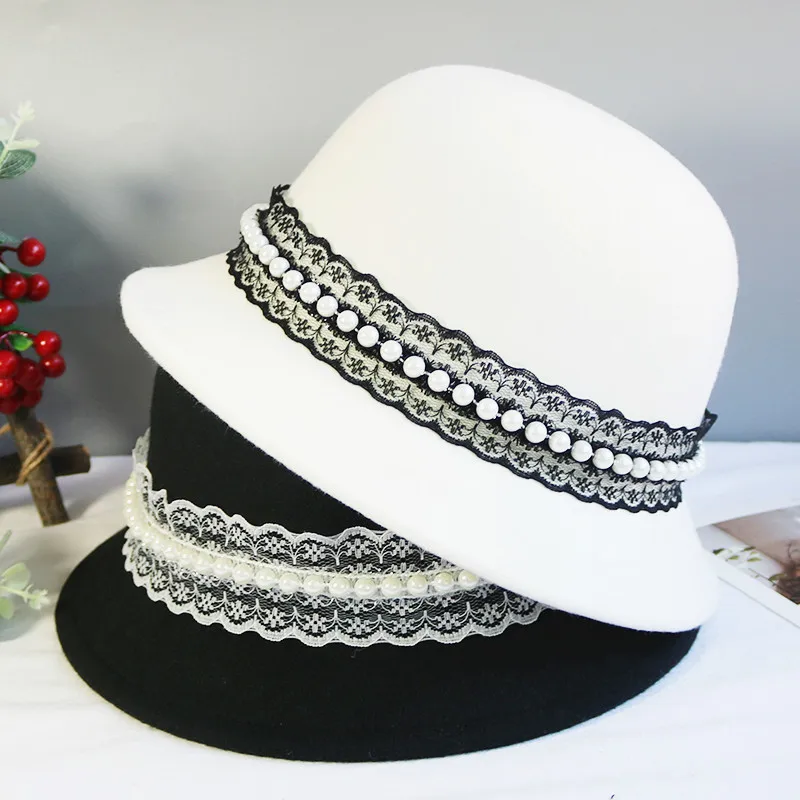 

New Elegant Color Wool Top Hats For Women Fashion Street Lolita Hat Pearl Decoration Basin Bucket Hat Cloche Hat Fedora Cape