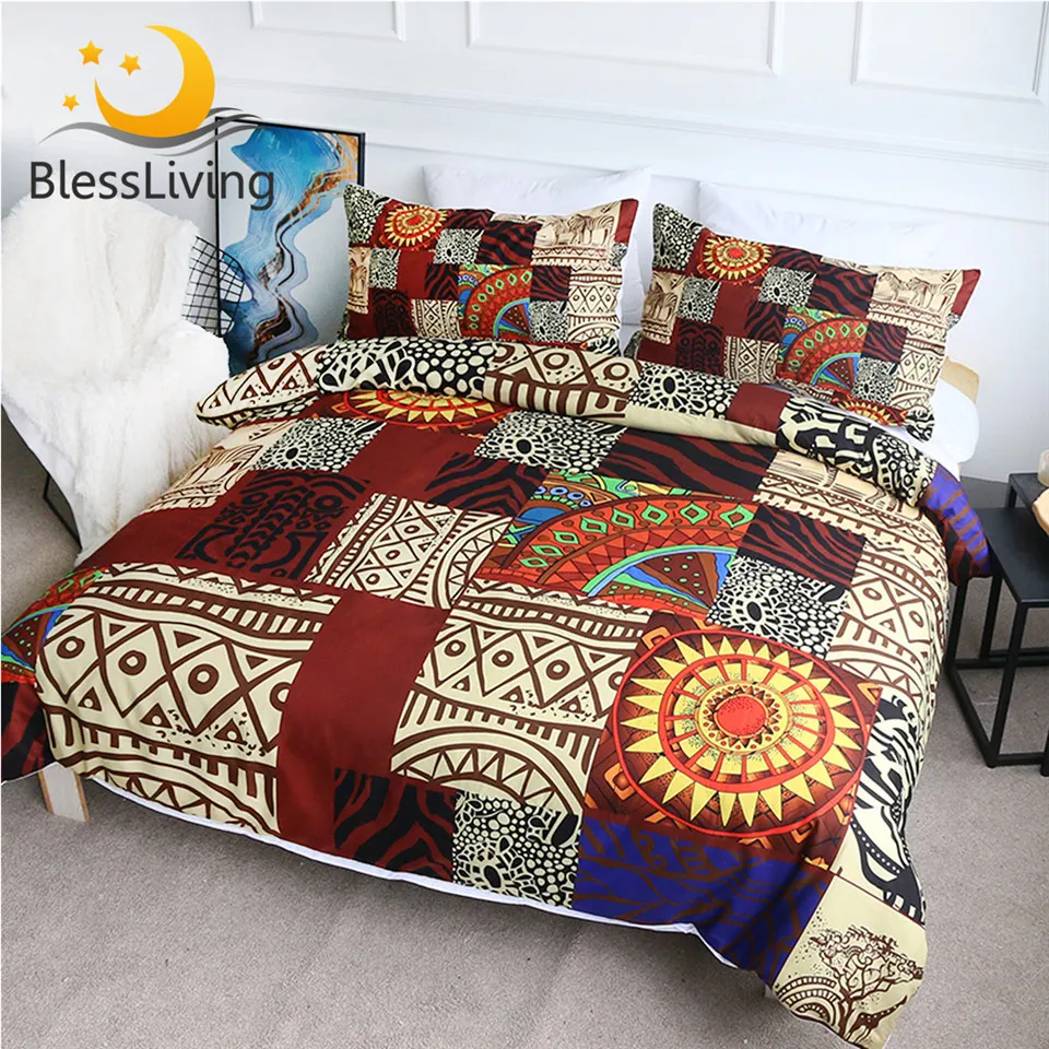 

BlessLiving Ethnic Bedding African Animal Duvet Cover Set King Geometric Patchwork Bed Set Zebra Giraffe Bedspread 3pcs Dropship