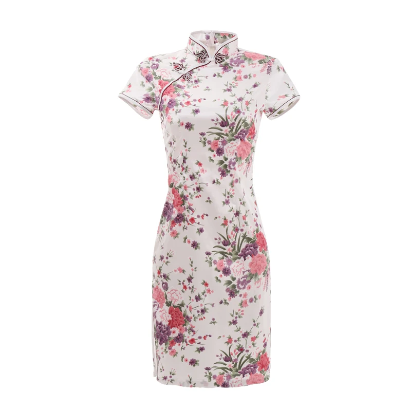 Sexy magro vestido de verão senhoras curto cheongsam tradicional estilo chinês vestido rayon impressão floral palco mostrar qipao