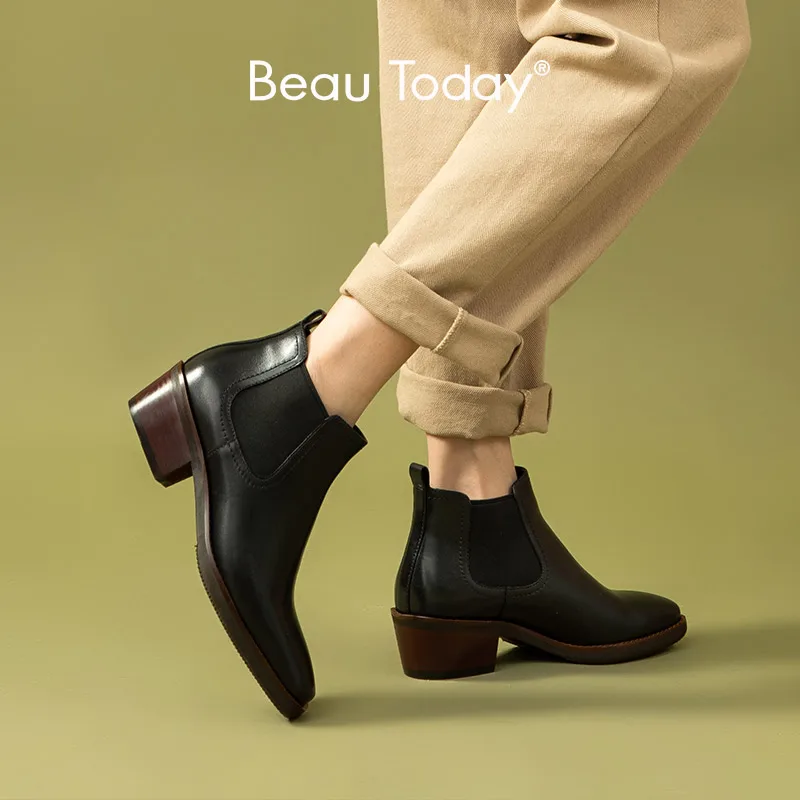 BeauToday Chelsea Boots Women Genuine Cow Leather Square Toe Elastic Band Sewing Autumn Ladies Block Heel Shoes Handmade 03221