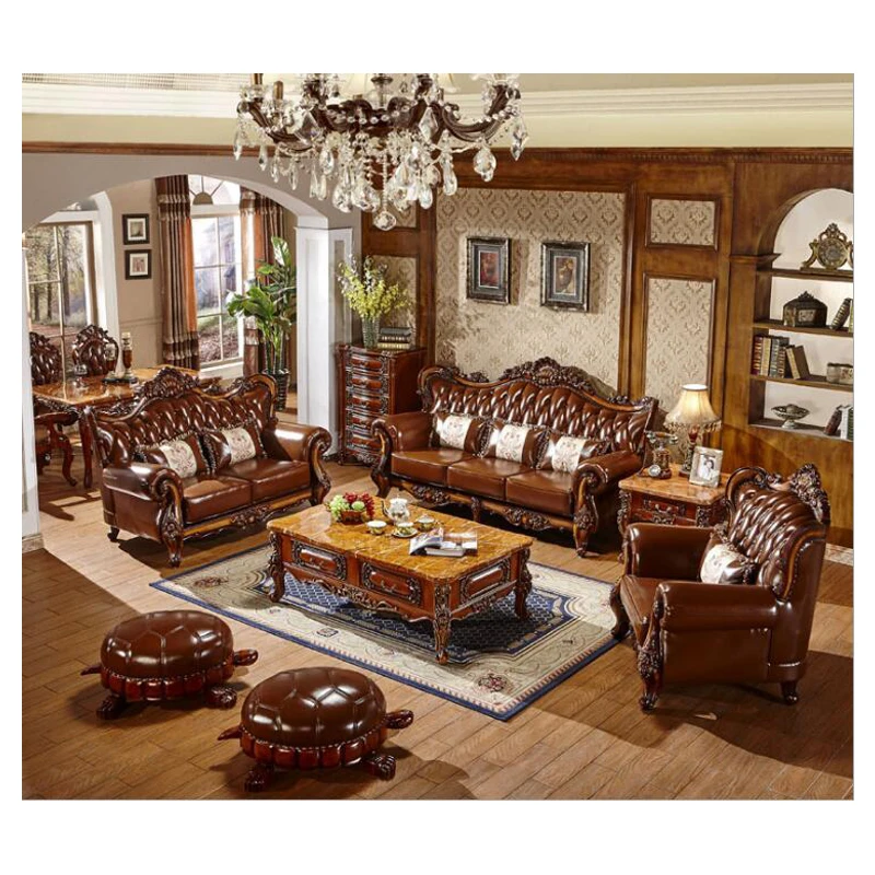 high quality  European  antique living room sofa furniture genuine leather set sf001