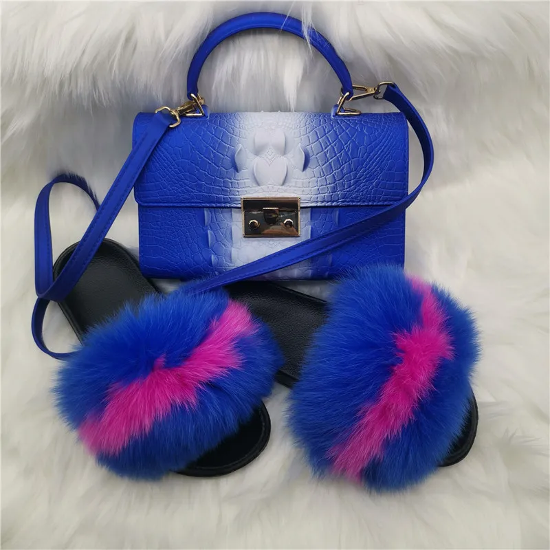 New Women Casual Plush Real Fox Fur Slippers Fashion Shoulder Bag Indoor Fluffy Fur Flip Flops Ladies Cute Flat Furry Fur Slides