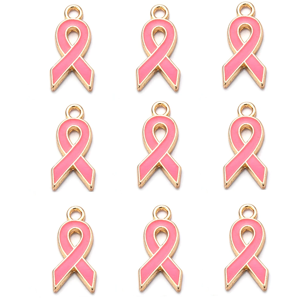 SAUVOO 10 teile/los 10x 20,5mm Gold Farbe Ribbon Breast Cancer Awareness Charms Für DIY Armband Halskette Schmuck Machen Zubehör