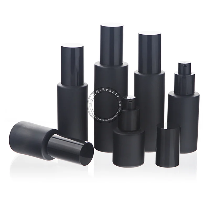 Bulk 20ml-100ml Black Matte Glass Pump Bottles with Plastic Cap Spray Lotion Sample Refillable Vials Jars Empty Travel Container