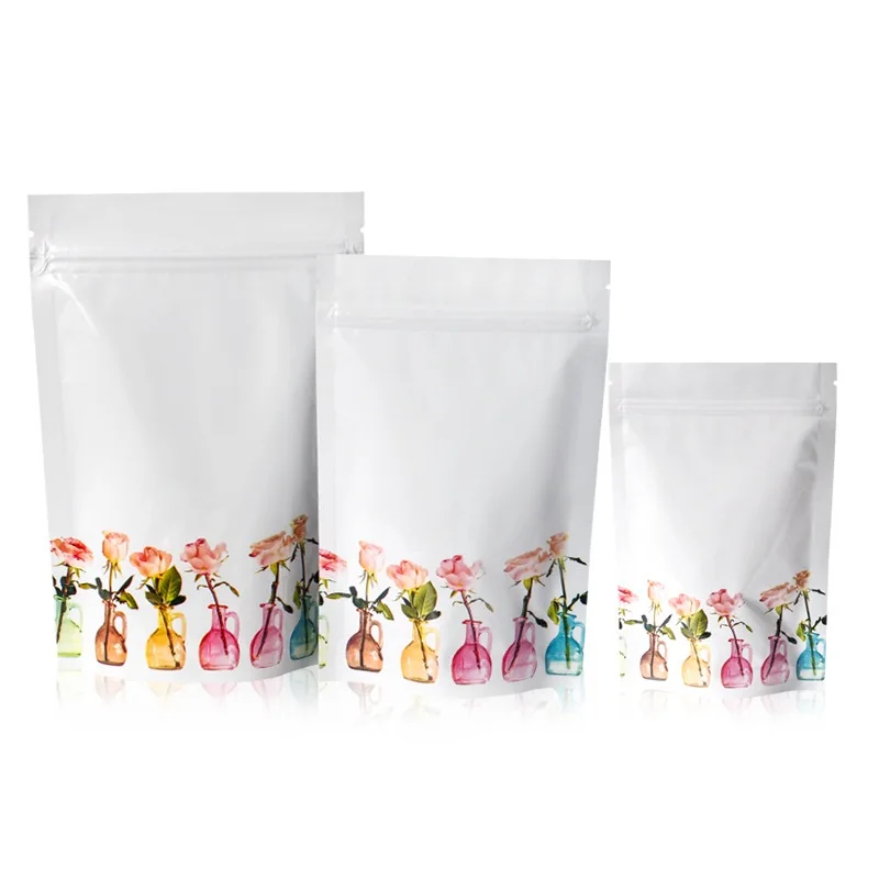 1000pcs/lot Rose pattern White Stand Up Zip lock Foil Pouches Aluminum Foil Standing Pouches,Food Storage Stand Up zip lock Bags