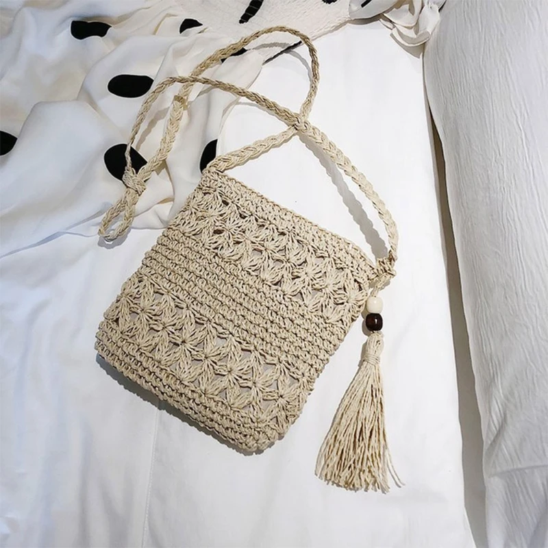 Women Beach Woven Straw Shoulder Messenger Bag with Tassel Boho Hollow Out Crochet Crossbody Handbag Macrame Clutch Purse with