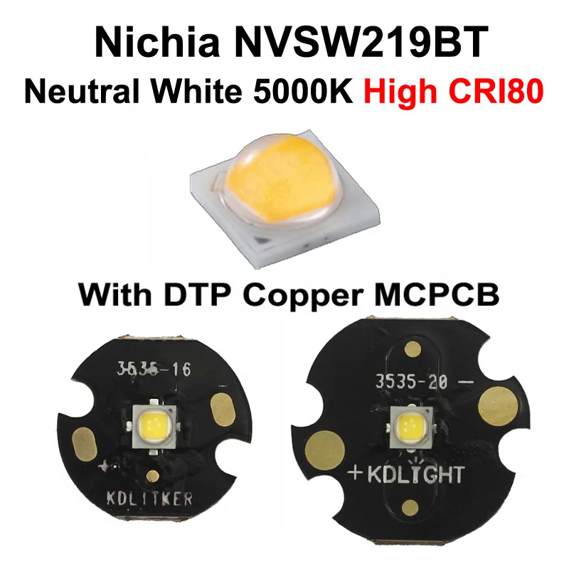 

Светодиодный излучатель Nichia 219BT, нейтральный белый, 5000K, CRI80 с KDLITKER DTP, медный MCPCB (1 шт.)