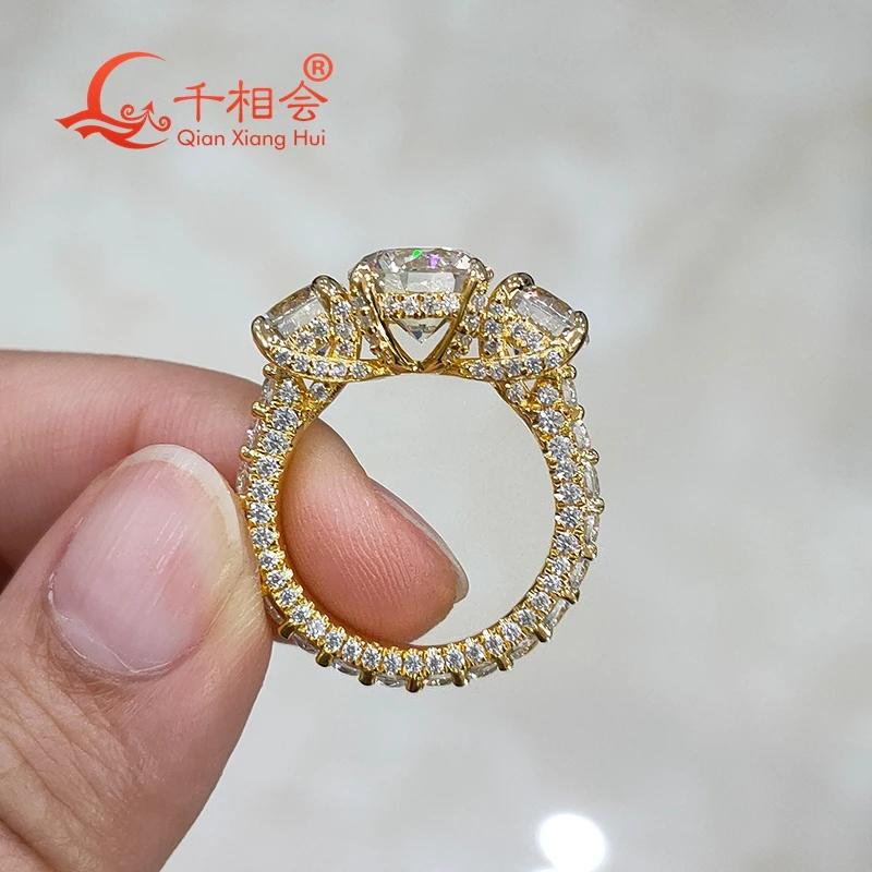 

14k or 18k white yellow gold 9mm and 2pcs 6.5mm round with melee D VVS white moissanite full band setting Ring Jewelry Rings