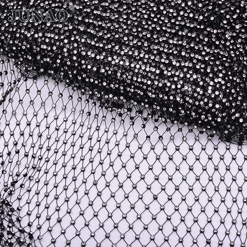 JUNAO 1Meter Glass Black AB Rhinestones Net Mesh Fabric Elastic Crystal Appliques Sexy Sewing Trim for Women Clothes Bag Crafts