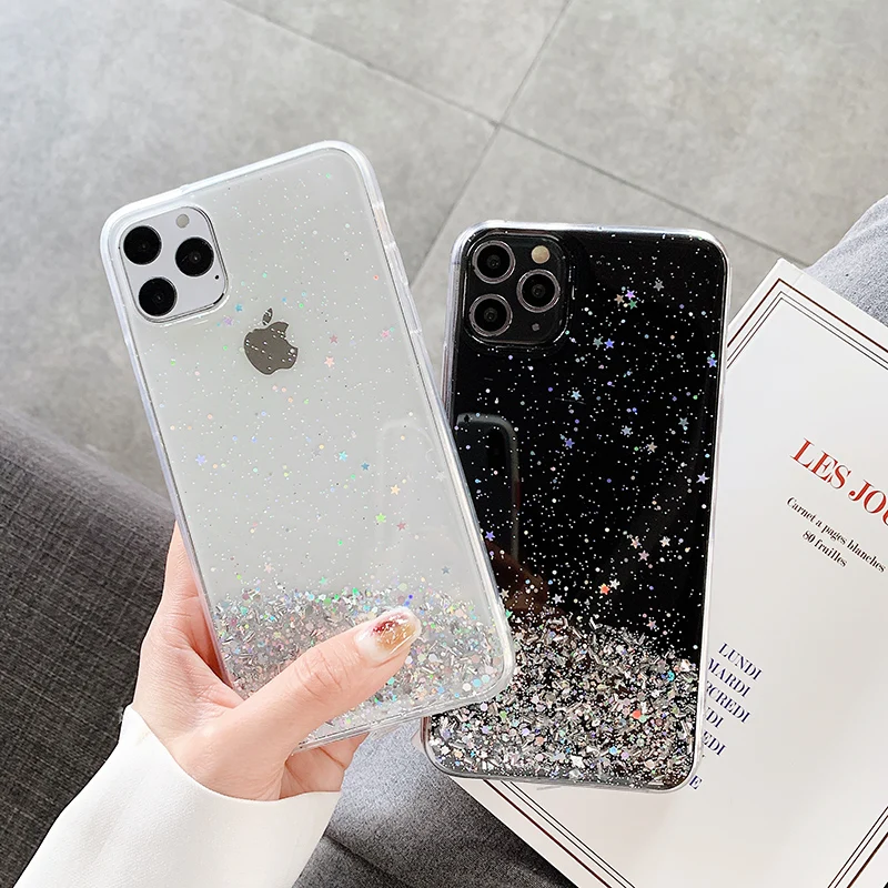 Luxury Fashion Star Sequins Glitter Phone Case For iPhone 11 12 13 14 15 16 Pro Max XS XR X 7 8 Plus SE Soft Bling Powder Cover