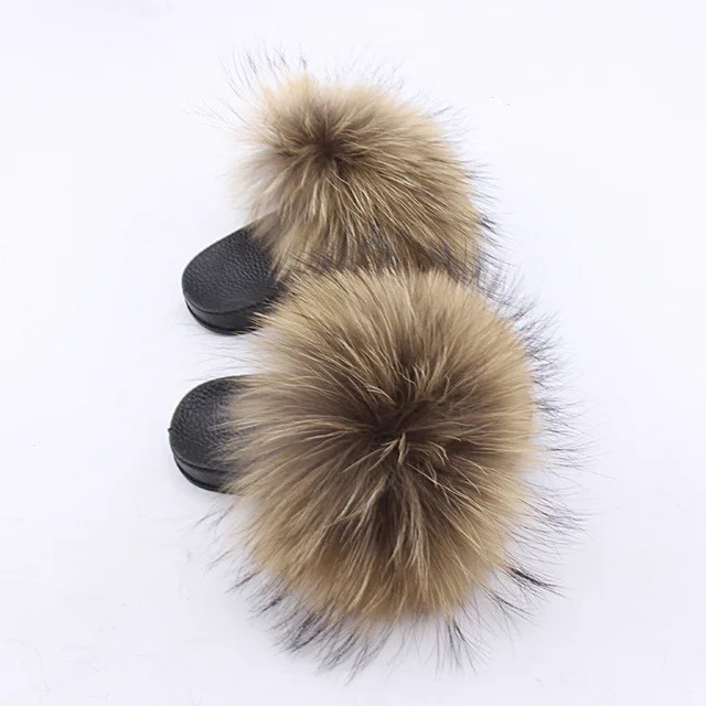 Kids Real Fox Slippers Raccoon Slides Chinelos Menina Slippers Toddler Baby Girls Shoes fox fur slides fur slides for kids