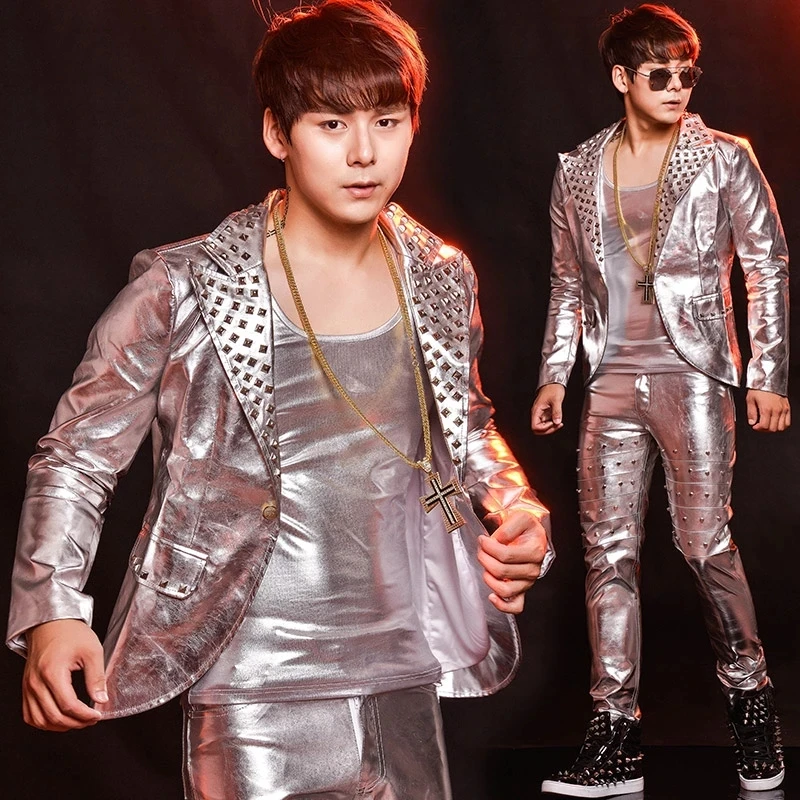 

Club Stage Wear Super Star Boy performance Singer Fashion Men Jazz Dance Costumes silver suit