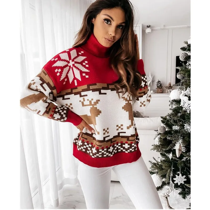 Women\'s Christmas Turtleneck Sweaters Long Sleeve Elk Snowflake Pattern Loose Knit Tops Women\'s Pullovers Streetwear Autumn