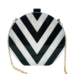 Fashion Circular Acrylic Evening Bag Black Base White V Striped Pattern Clutchs Purse Luxury Brand Handbags Chain Crossbody Bags