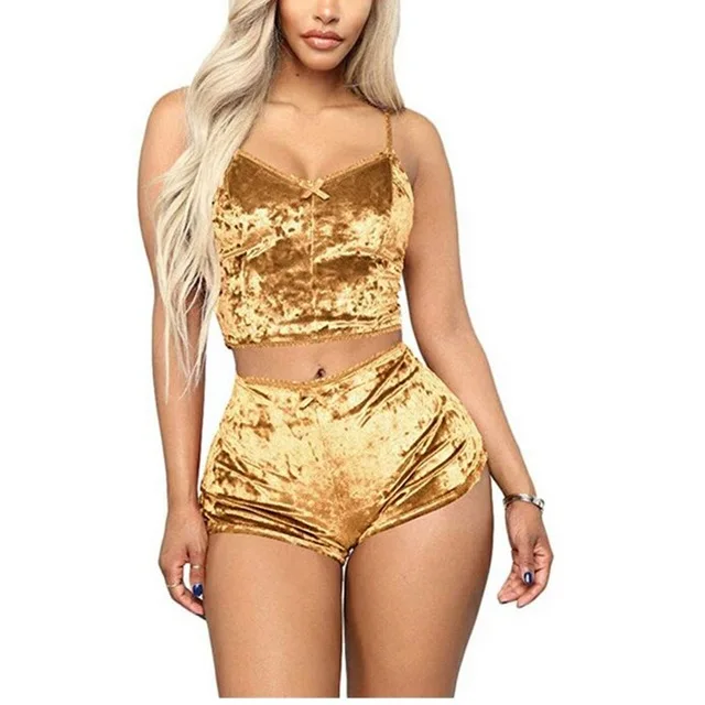 Women 2 piece set Velvet Sleepwear Sexy Spaghetti Strap Shorts Pajama Set Ladies Sleepwear Female Pajama Party Two Piece Set hot