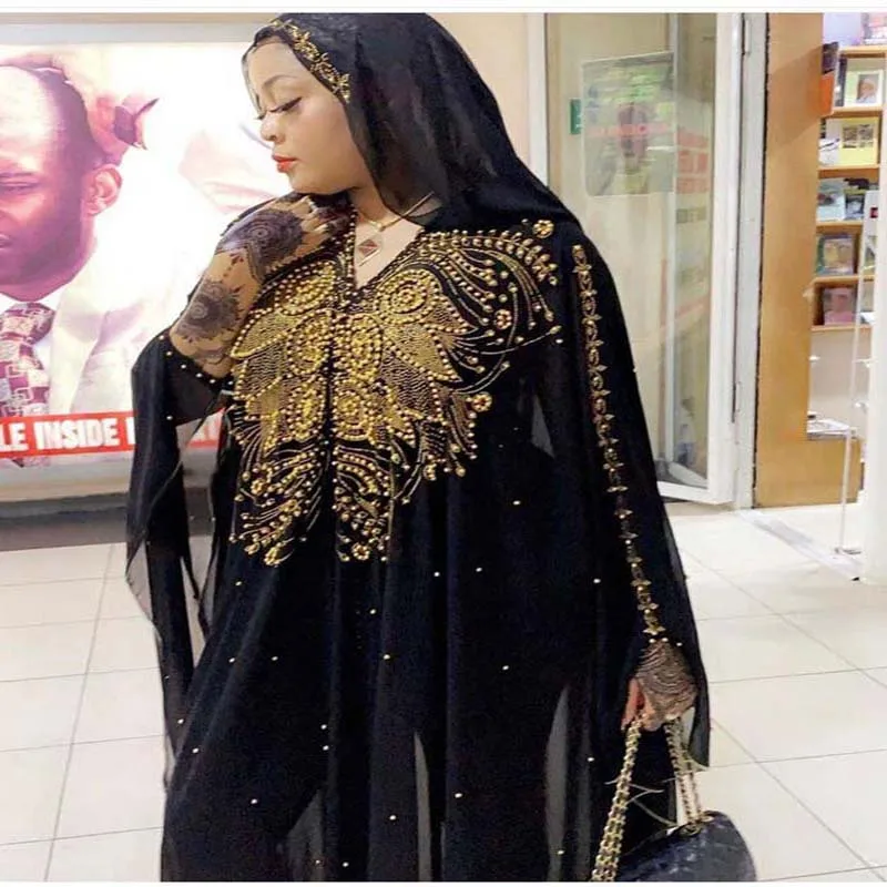 

African Clothes Dashiki Robe Diamond Loose Long Dress Hooded Cape Elegant Evening Dress Muslim Perspective Plus Size