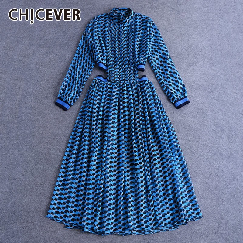 CHICEVER Print Dress For Women Stand Collar Long Sleeve High Waist Hit Color Hollow Out Midi Dresses Female 2024 Fashion Clothes