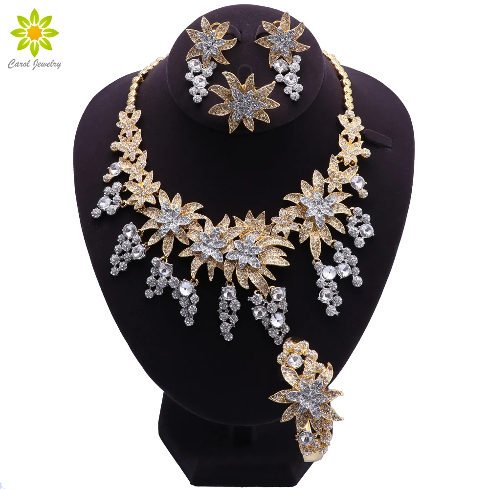 

African Women Gold Color Necklace Earrings Jewelry Sets Crystal Bracelet Ring Classic Wedding Fashion Jewelry Set for Bride