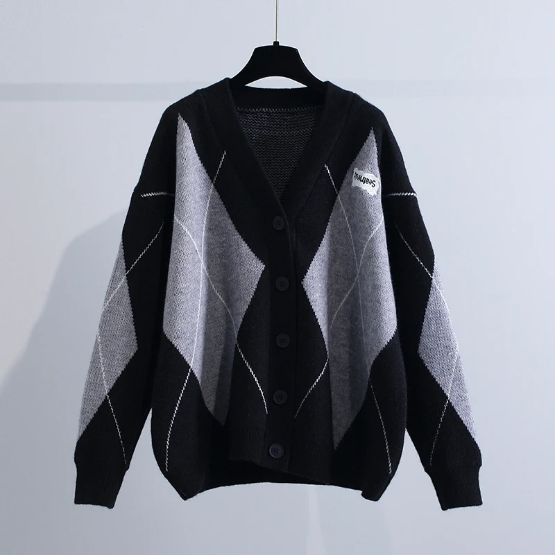 Vintage Patchwork  Plaid Check Sweater Warm Cardigan Women 2021 Winter Korean Casual Loose Outside Knitted Jumpers Outerwear