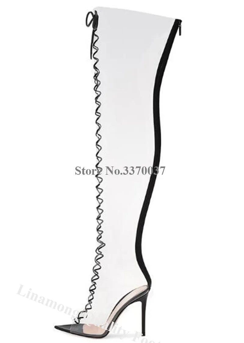 PVC Over Knee Boots Linamong Sexy Clear Transparent Pointed Open Toe Stiletto Heel Slim Long Gladiator Boots Lace-up Party Heel